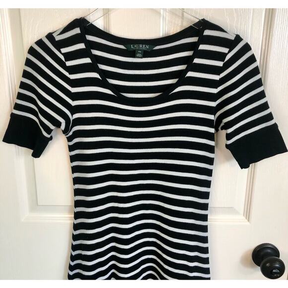 Lauren Ralph Lauren Size Medium Petite Black & White Stripe Short Ruffle Dress - Picture 2 of 5